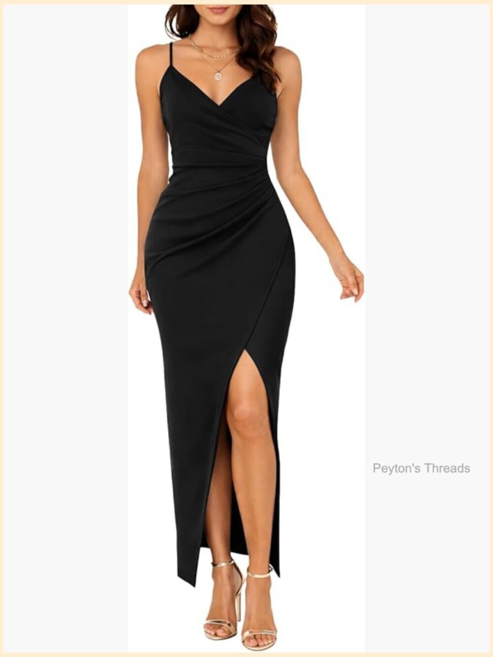 V Neck Wrap Bodycon Maxi Dress Ruched Side Slit Spaghetti Strap Formal Evening